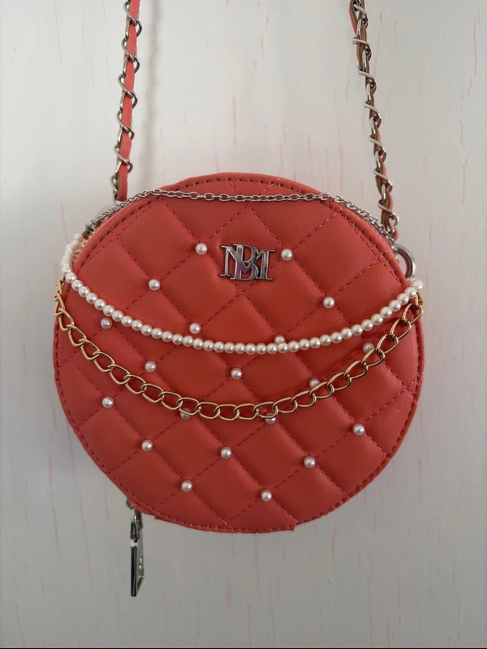 NWOT Badgley Mischka Coral Quilted Round Pearl Crossbody Bag